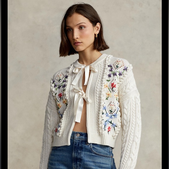 Polo Ralph Lauren Embroidered Cable Wool-Blend Cardigan - Picture 1 of 3